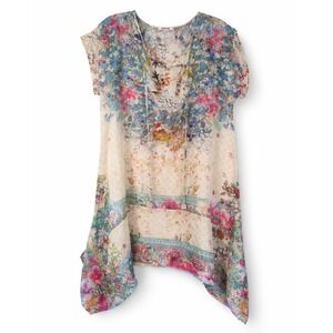 Johnny Was Floral Silk Tunic Dress Size S Boho Handkerchief Hem Multicolor